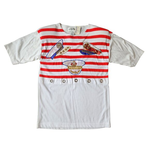 Vtg Victoria Harbour Nautical Captain Tee Beaded Embroidered Red Stripe Shirt - Picture 2 of 5